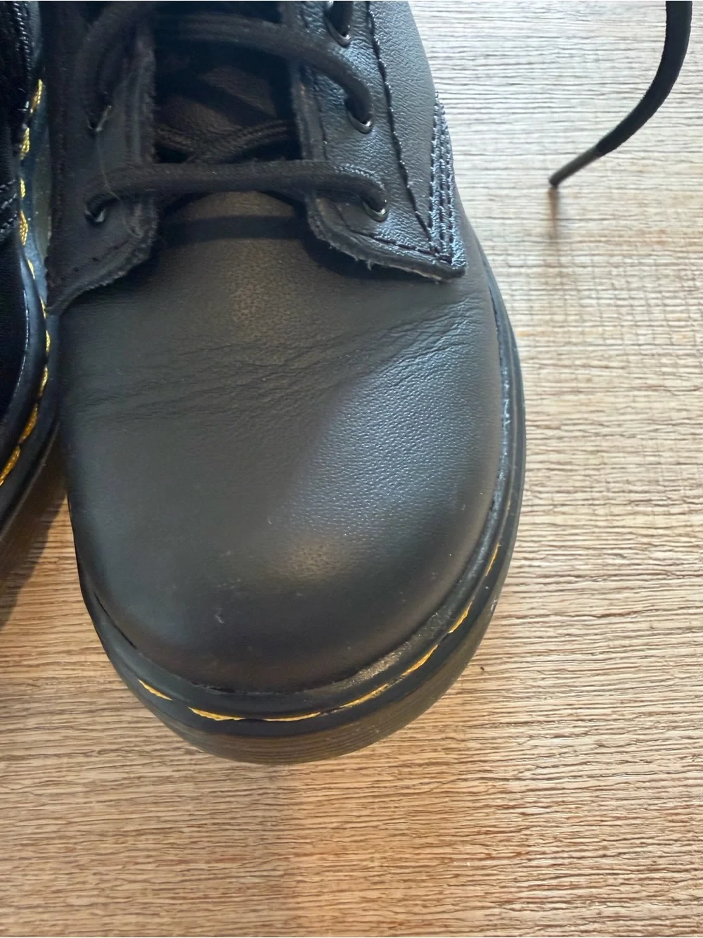 Dr. Martens Black Leather Lace-Up Ankle Boots with Yellow Stitching
